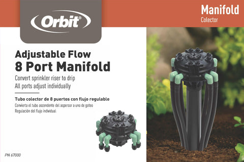 Orbit 67000 8-port adj flow drip manifold bed and container irrigation setup in use.