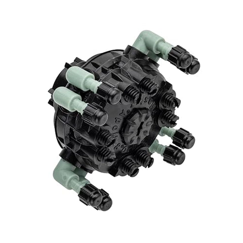 Orbit 67000 8-port adj flow drip manifold rotating barbs enable easy tubing routing.