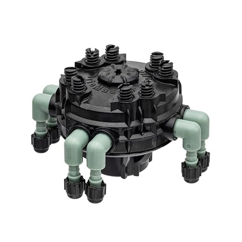 Orbit 67000 8-port adj flow drip manifold side angle shows compact installation.