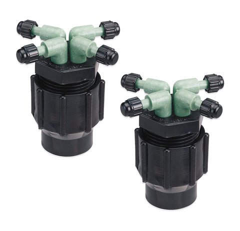 Orbit 67025 quad full-flow manifold assembly enables precise irrigation across garden beds.