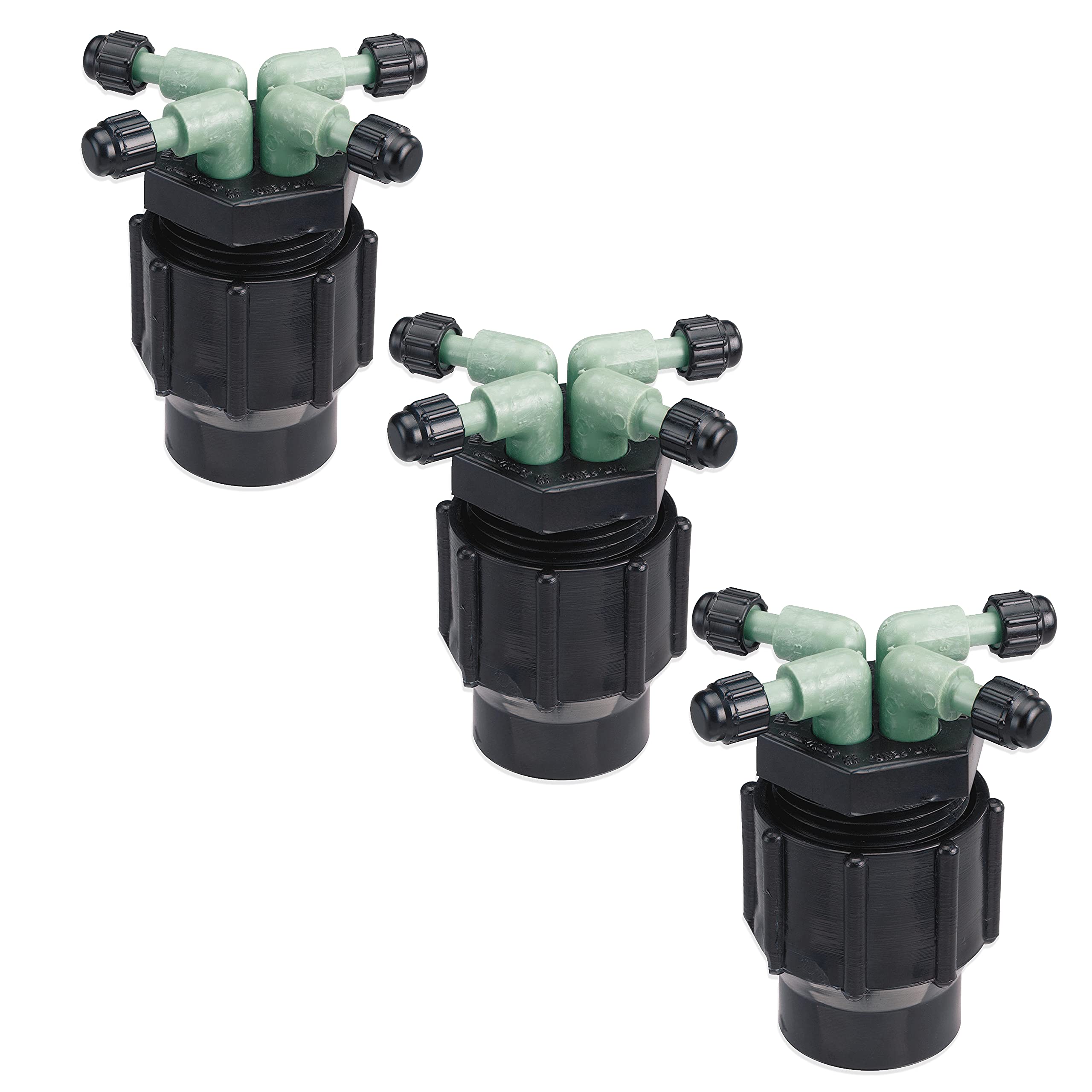 Orbit 67025 quad full-flow manifold close-up showing four outlets for zone irrigation.