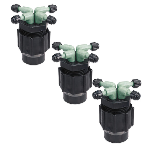 Orbit 67025 quad full-flow manifold close-up showing four outlets for zone irrigation.