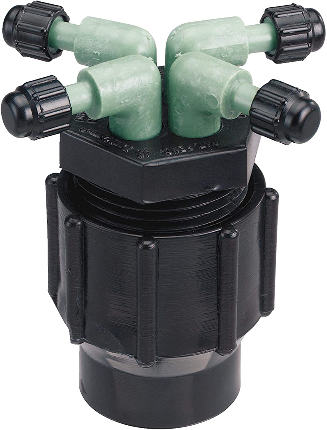 Orbit 67025 manifold connections illustrate easy setup for multiple drip lines.