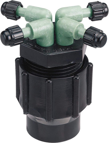 Orbit 67025 manifold connections illustrate easy setup for multiple drip lines.