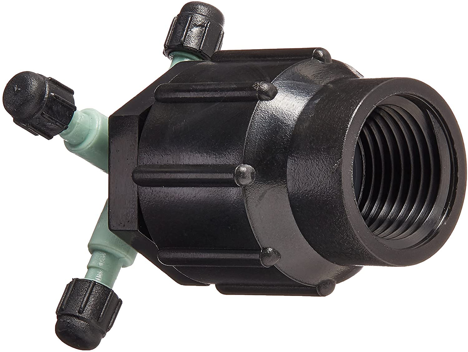 Orbit 67025 manifold with filter access helps prevent clogs during irrigation.