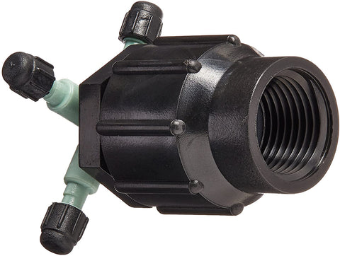 Orbit 67025 manifold with filter access helps prevent clogs during irrigation.