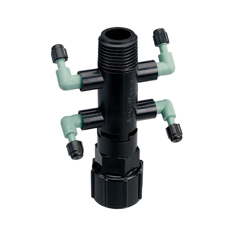 Orbit 67060 shrub adapter with 4 ports mounted on a PVC riser for efficient irrigation.