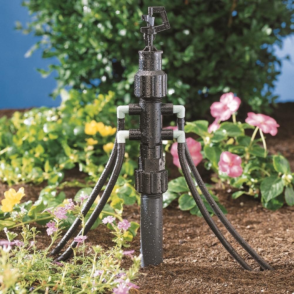 Orbit 67060 4-port manifold showing 1/4 inch tubing connections for micro-irrigation.