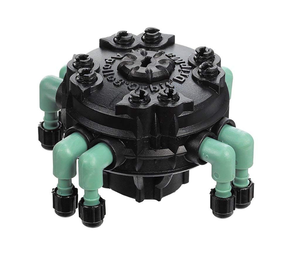 Orbit adjustable flow 8-port manifold front view highlights precise irrigation control for container plants.