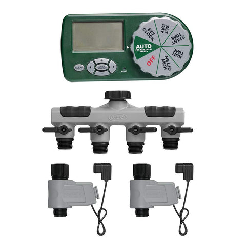Orbit Automatic Yard Watering System front view showing four-zone setup.