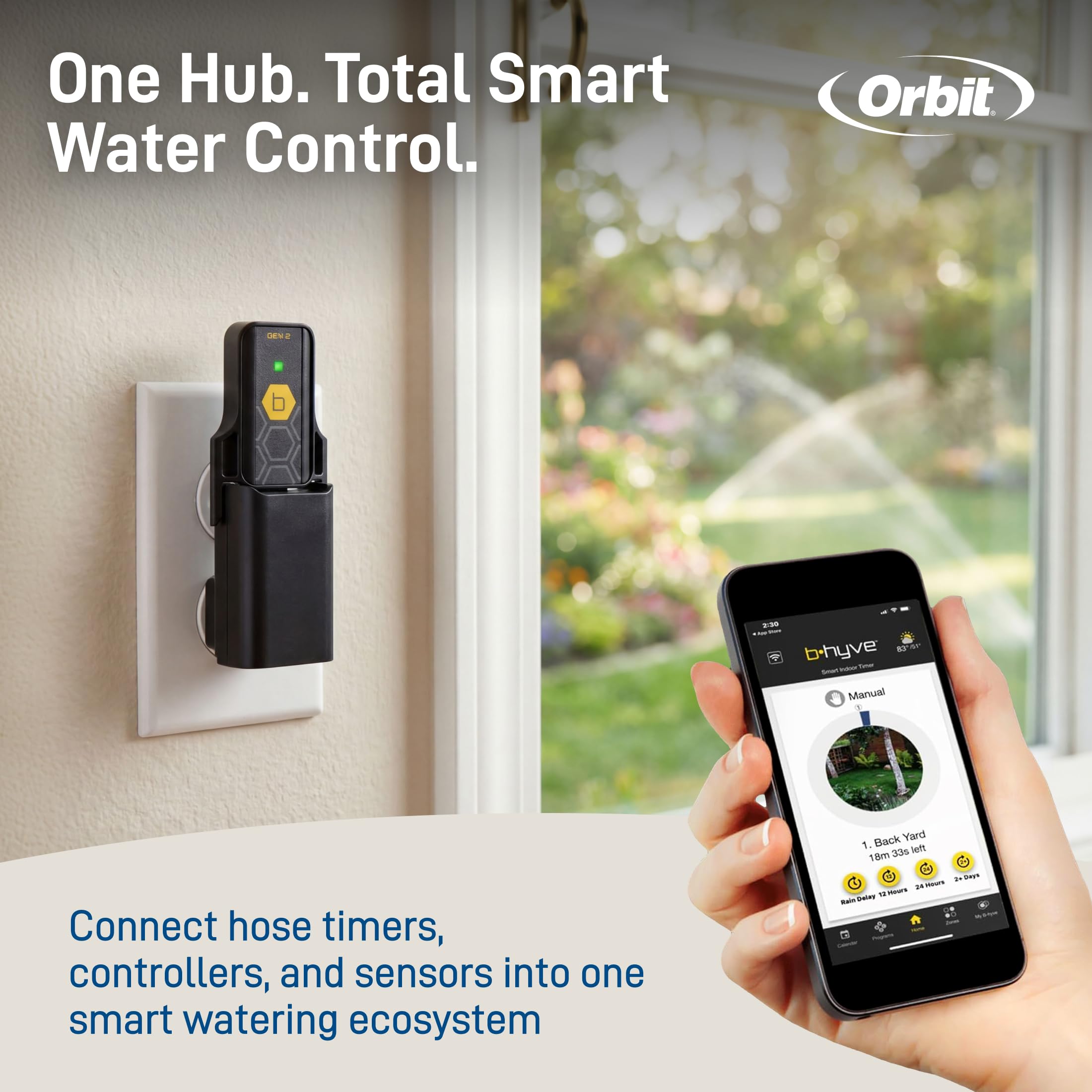Orbit Gen 2 Hub manages multiple devices within 150 ft range.