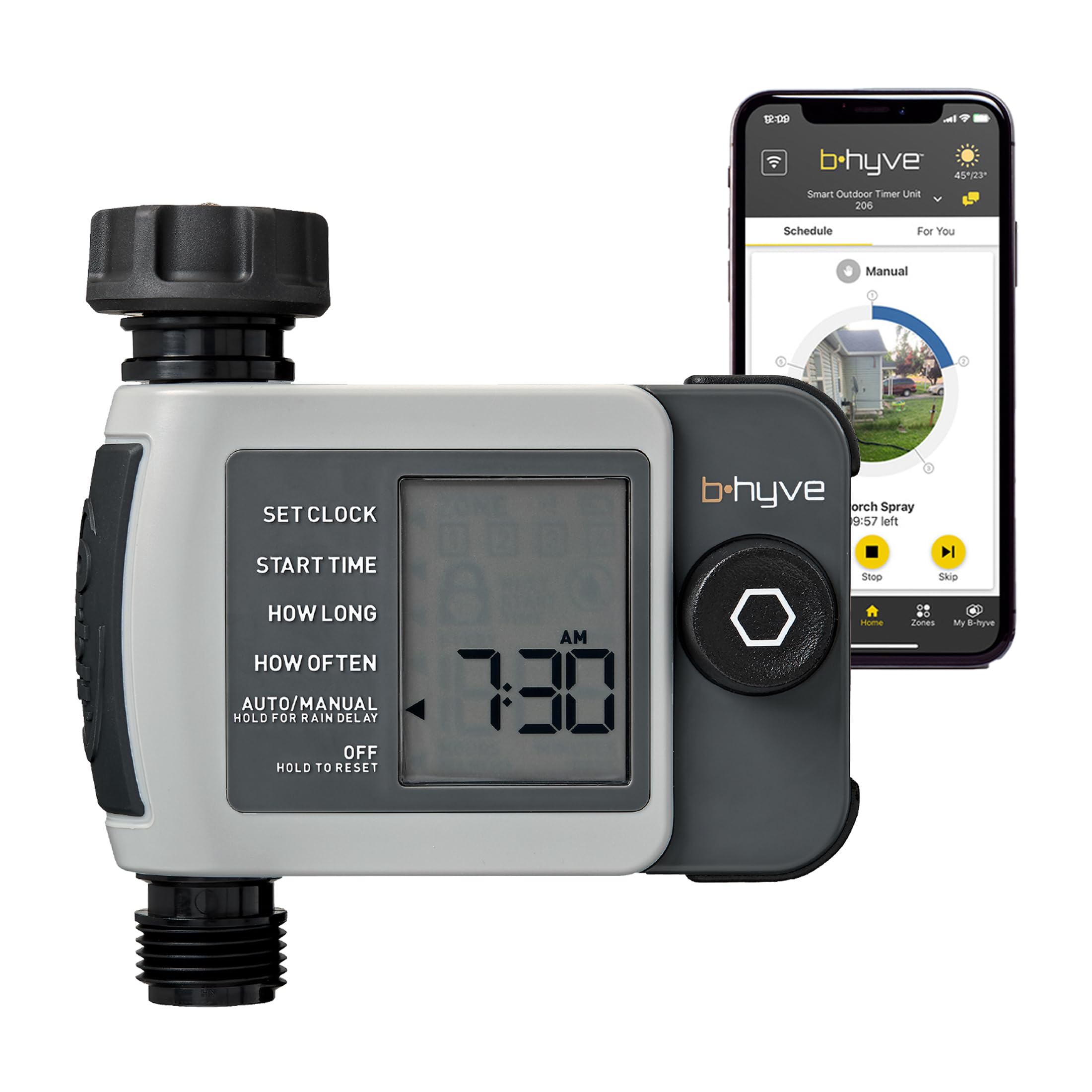 Orbit B-hyve XD 1-Port Timer outdoors enabling auto irrigation.