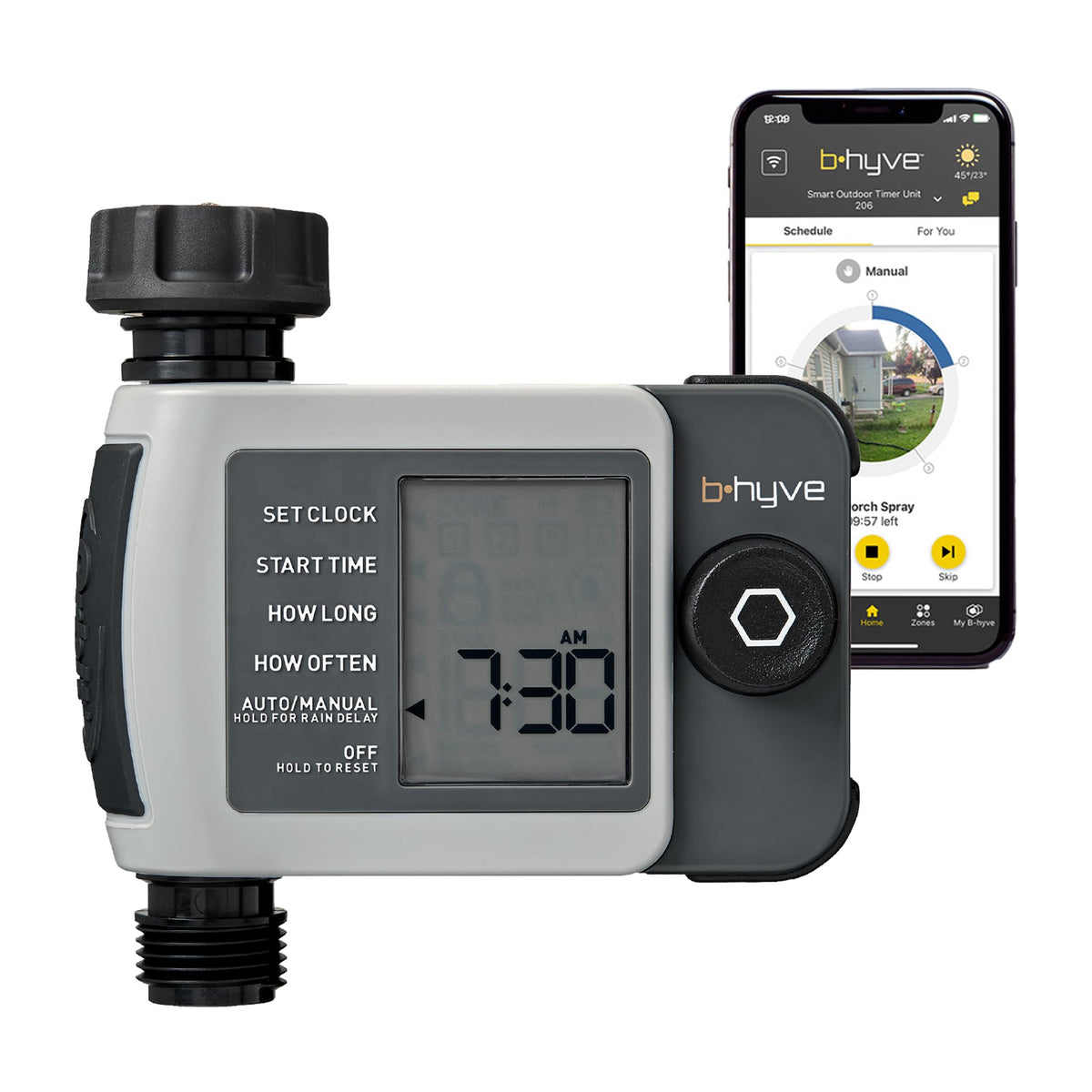 Orbit B-hyve XD 1-Port Timer outdoors enabling auto irrigation.