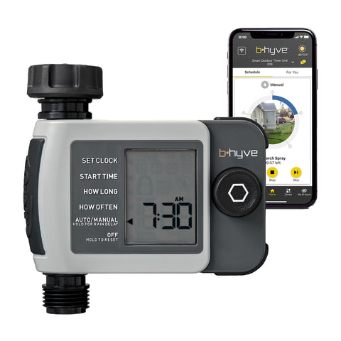 Orbit B-hyve XD 1-Port Timer outdoors enabling auto irrigation.