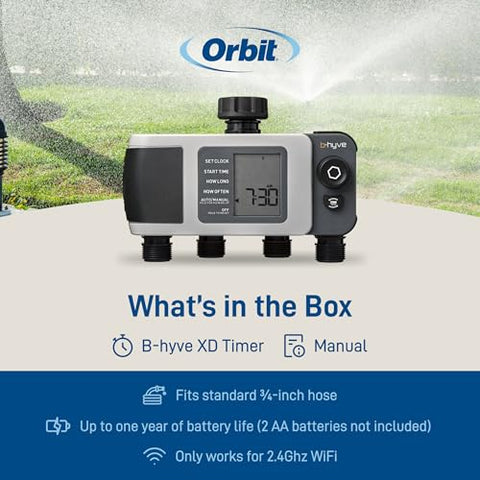 Orbit B-hyve XD 4-Port timer enables multi-zone irrigation control.