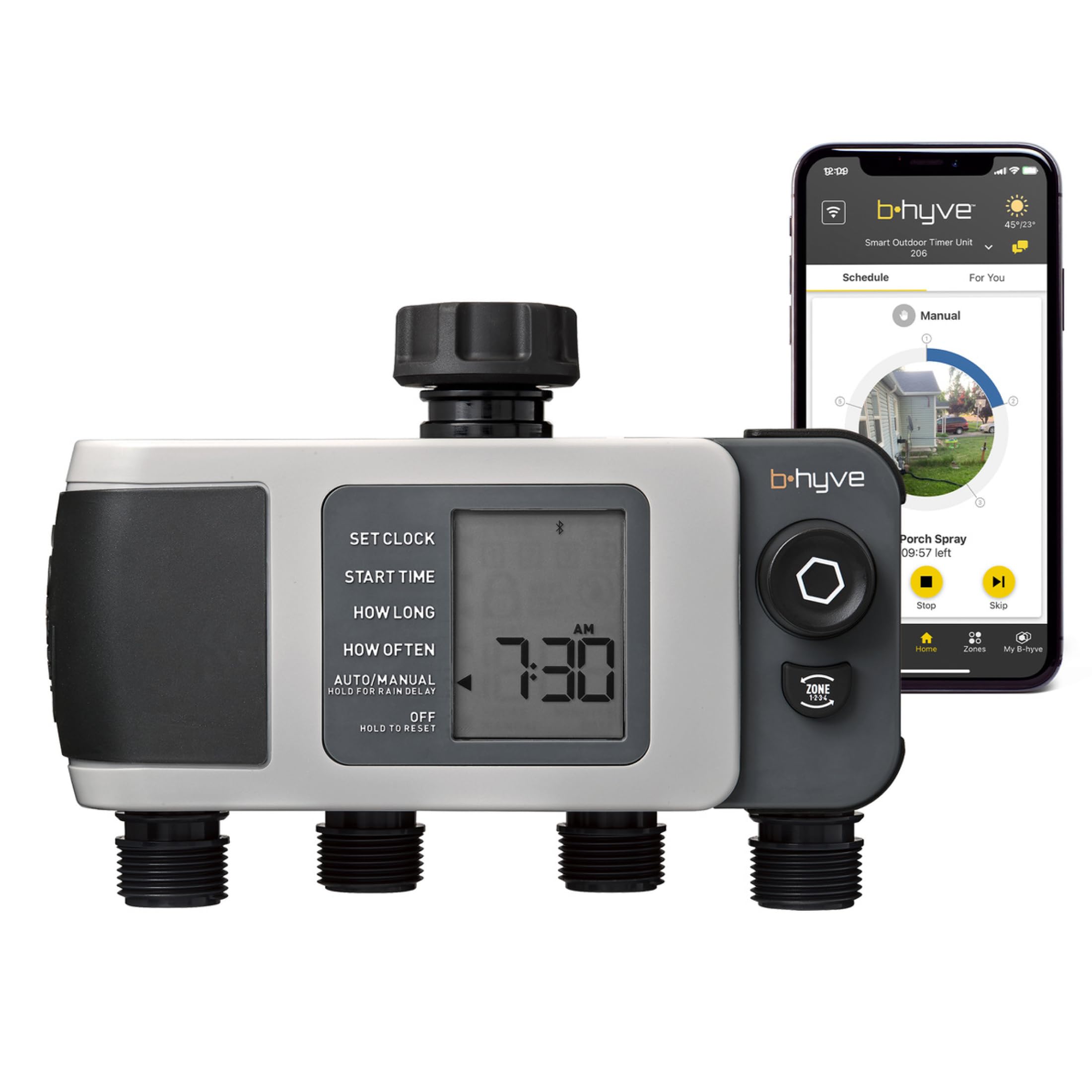 Orbit B-hyve XD 4-Port Timer during installation showing easy setup and scheduled watering.