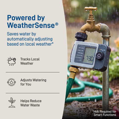 Orbit B-hyve XD drought-adjustment graphic showing smart watering.