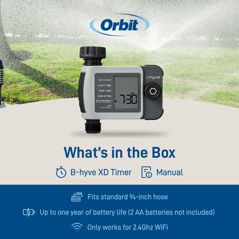 Orbit B-hyve XD hose connection on a faucet setup.