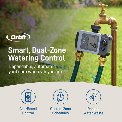Orbit B-hyve XD with Wi-Fi hub allows remote irrigation control.