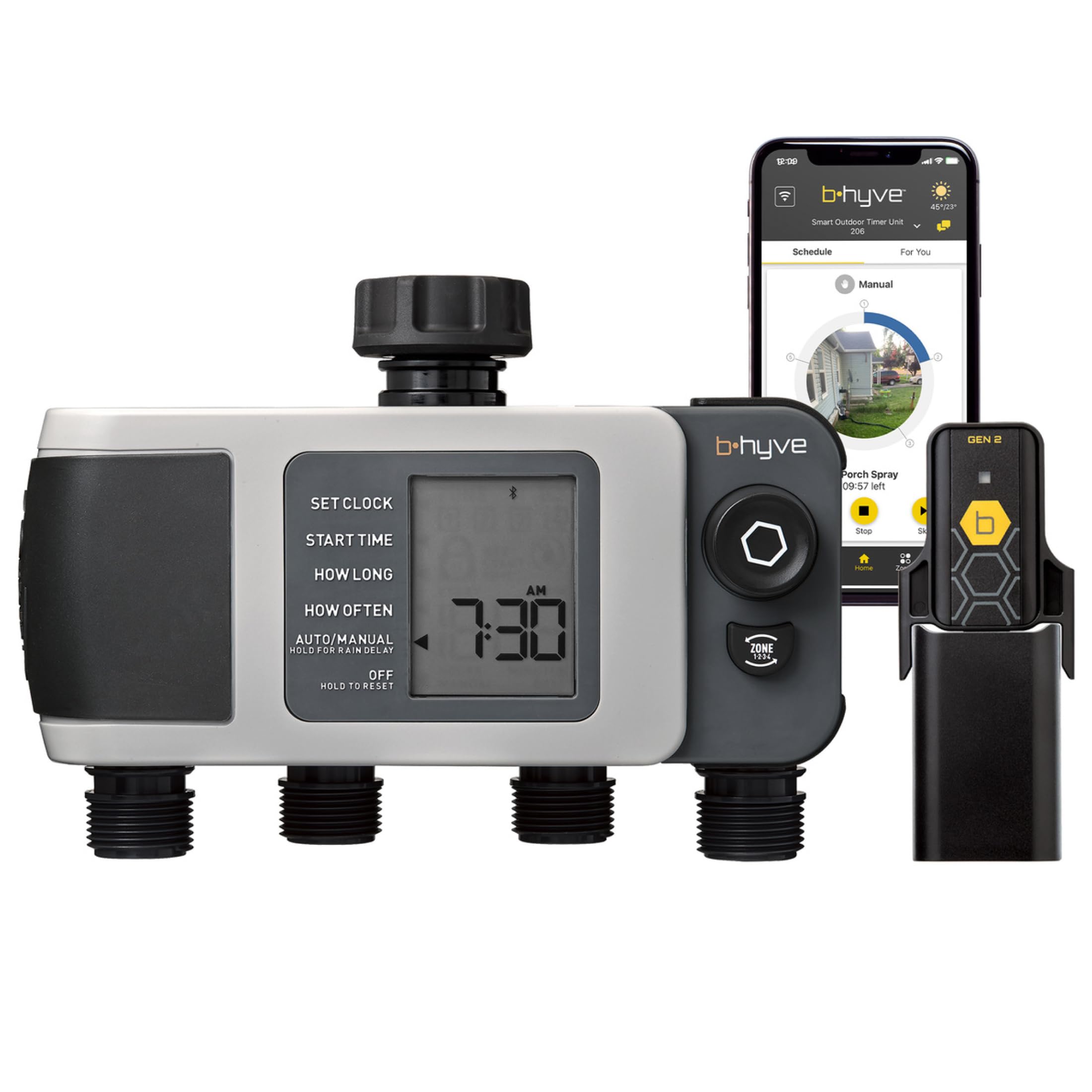 Orbit B-hyve XD timer front view with four outlets for multi-zone irrigation control.
