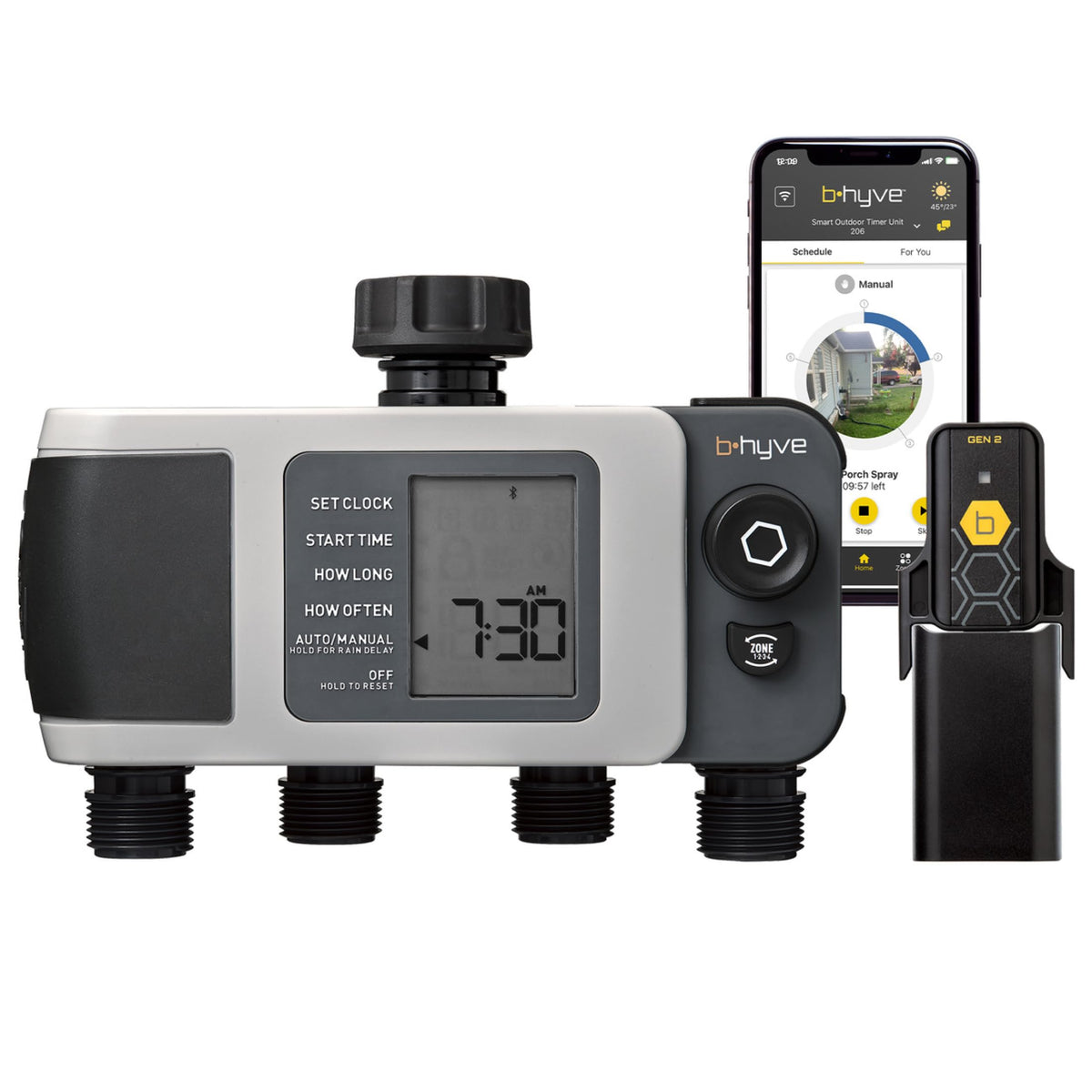 Orbit B-hyve XD timer front view with four outlets for multi-zone irrigation control.