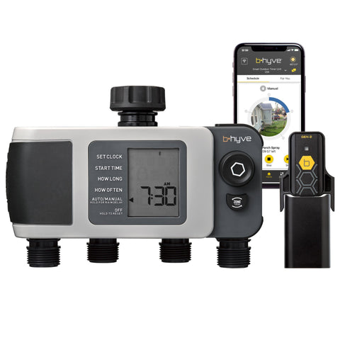 Orbit B-hyve XD timer front view with four outlets for multi-zone irrigation control.