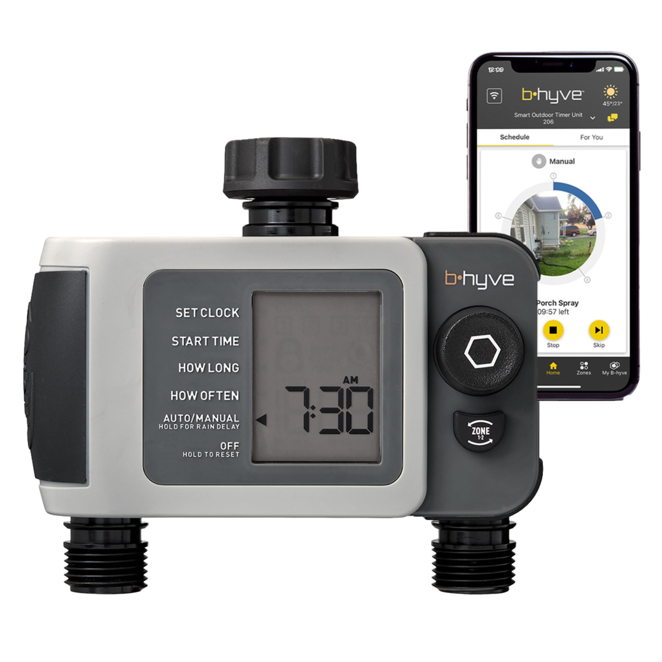 Orbit B-hyve XD timer outdoors conserves water with weather-based irrigation.