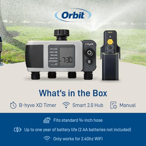 Orbit B-hyve XD timer packaging and user manual included for easy setup.
