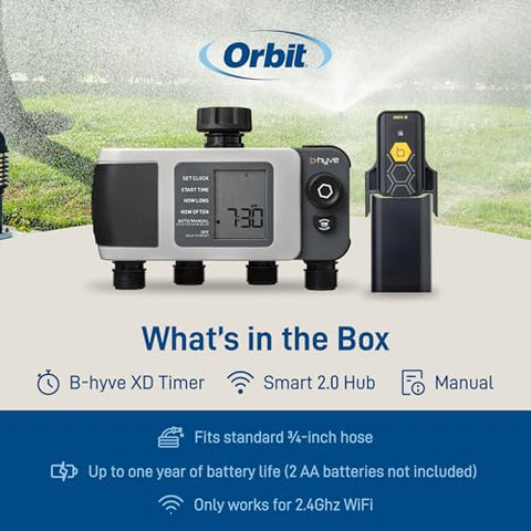 Orbit B-hyve XD timer packaging and user manual included for easy setup.