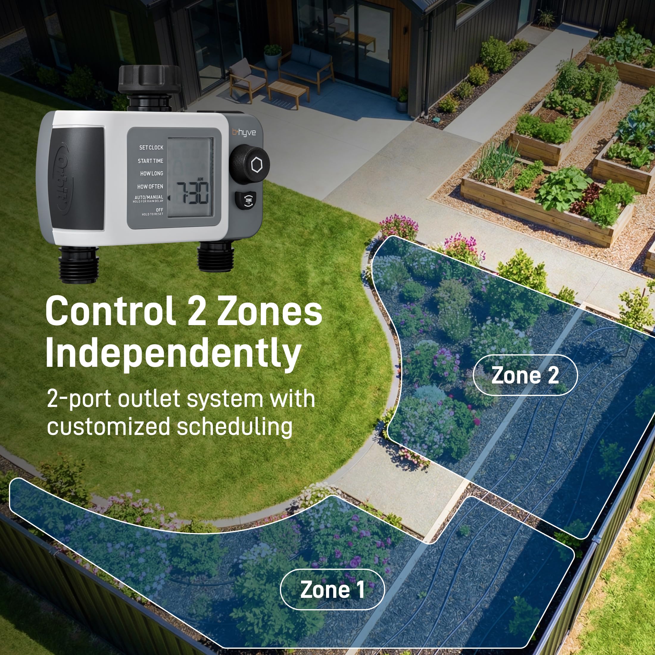Orbit B-hyve XD two-port valves enable dual zone watering.