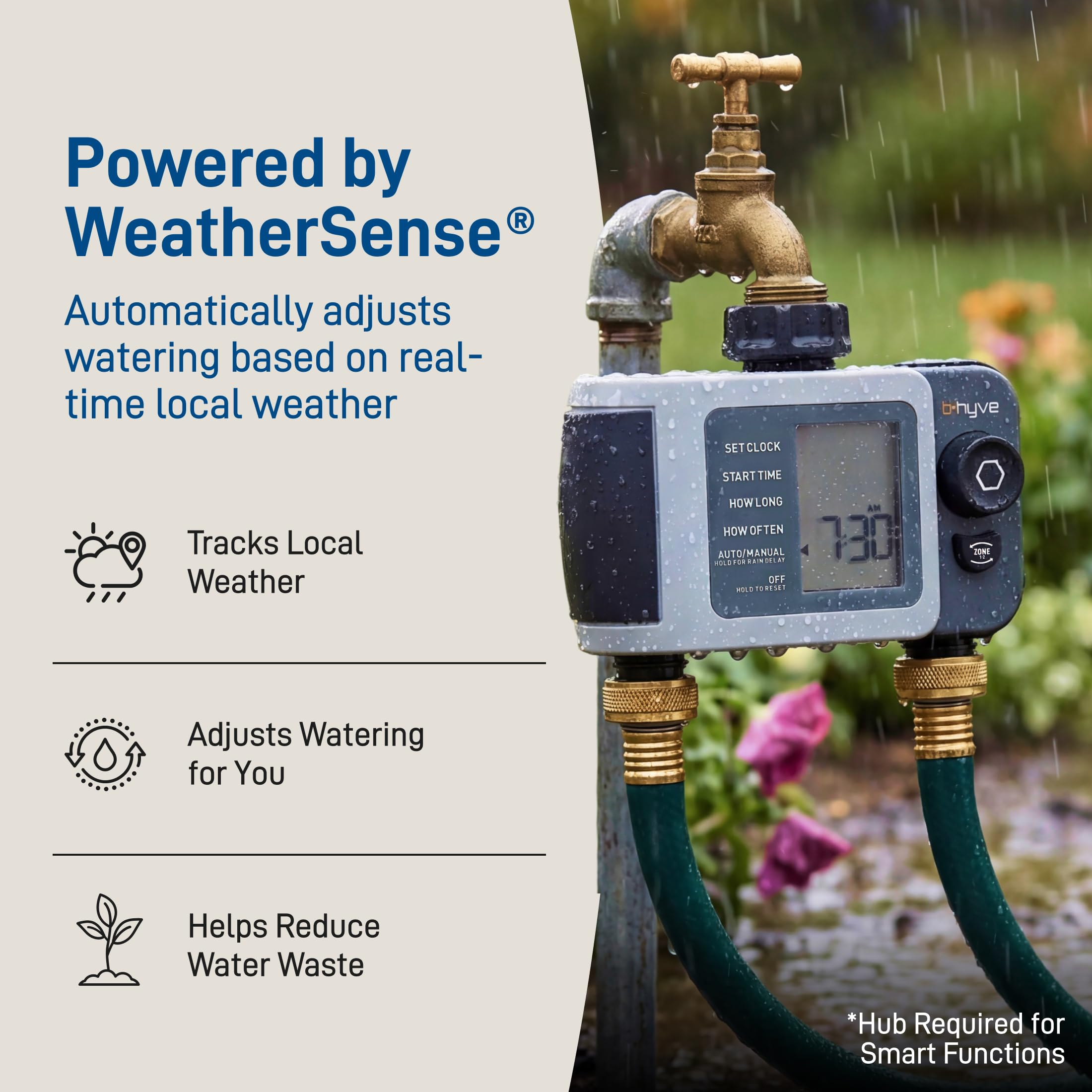 Orbit B-hyve XD IPX5 waterproof design withstands outdoor spray.