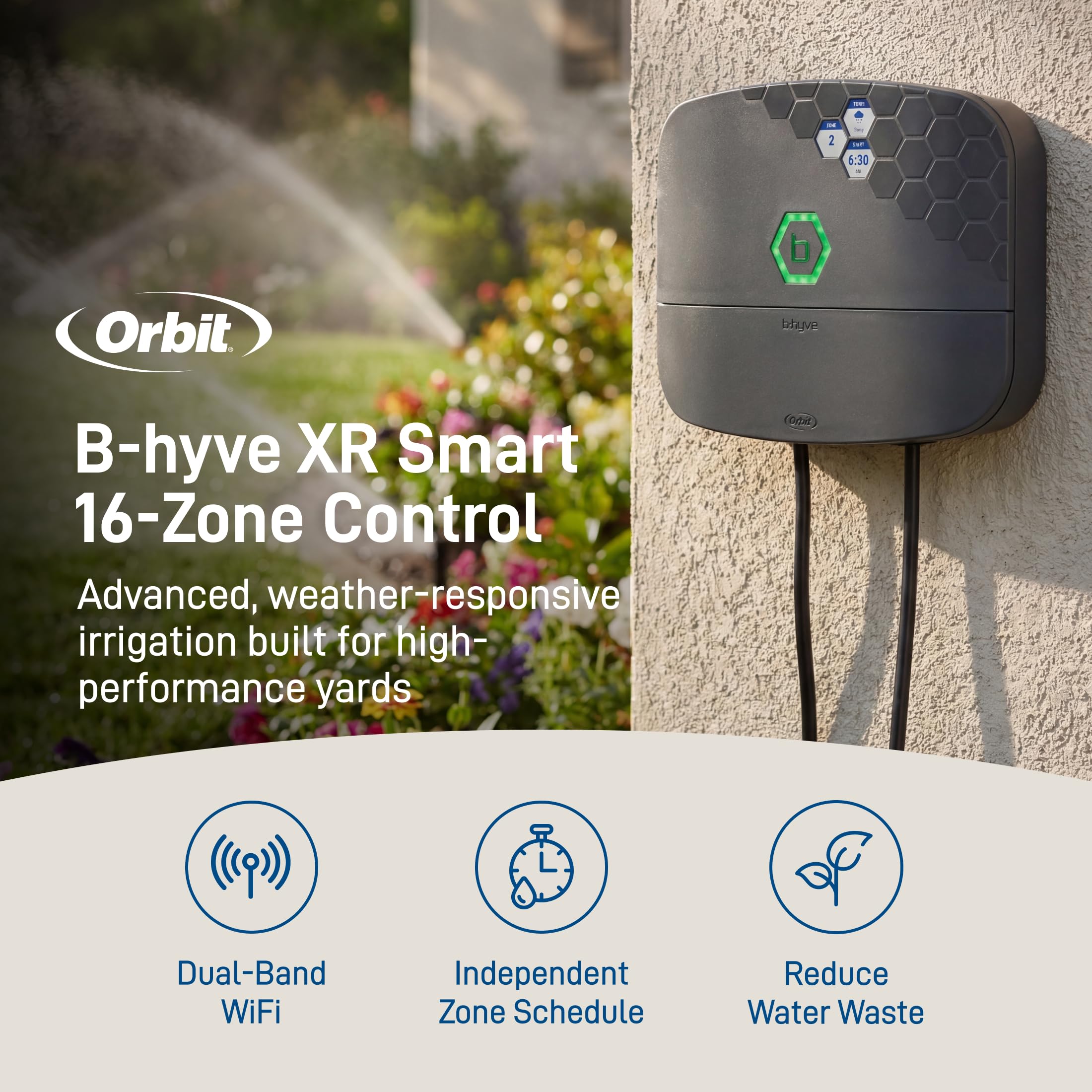 Orbit B-hyve XR 16-zone controller rear ports visible for wiring and setup