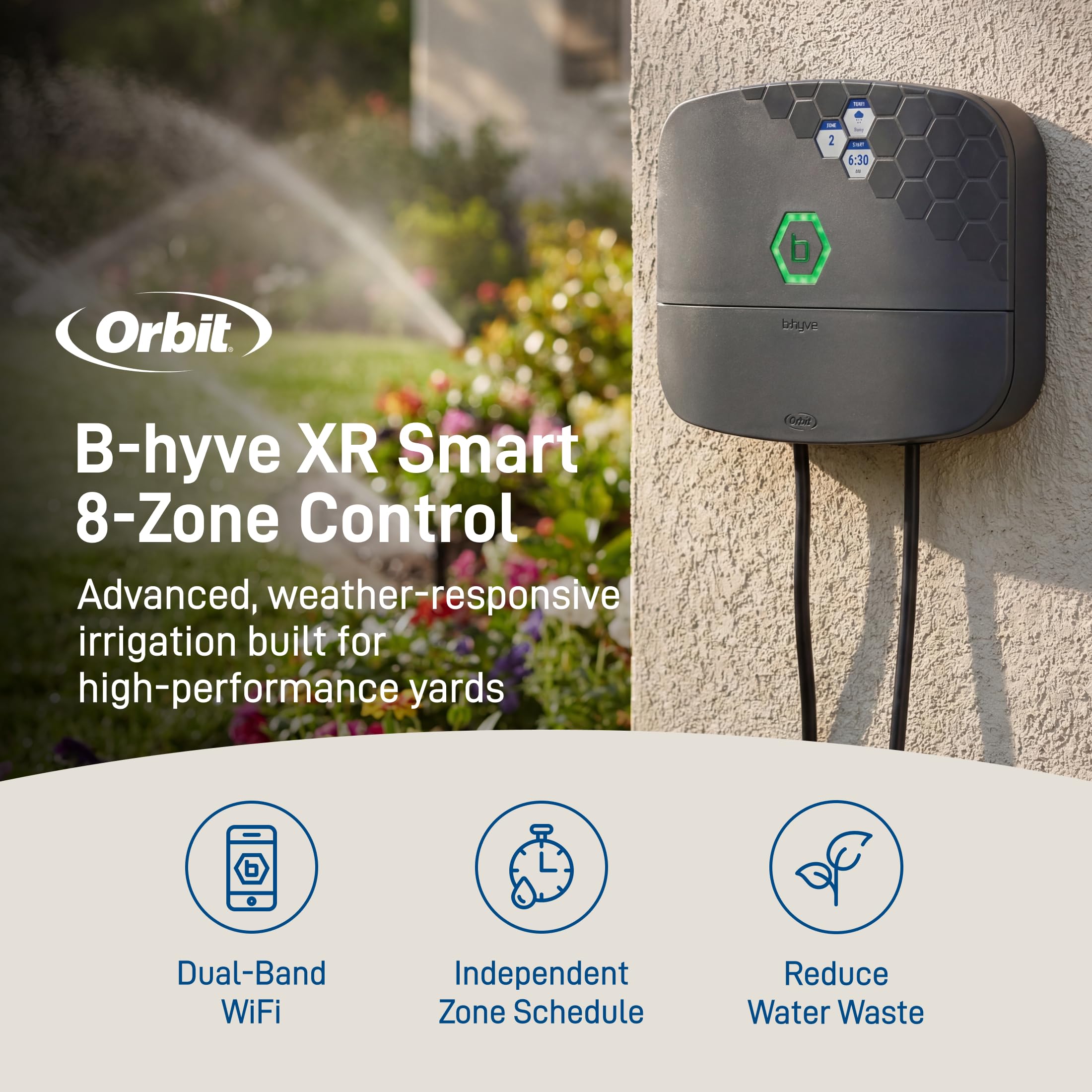 Orbit B-hyve XR 8-zone controller back view showing weatherproof housing