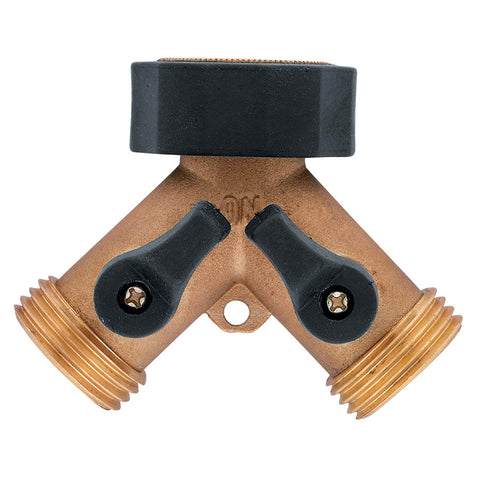 Orbit Brass Dual-Outlet Adapter installed on a faucet enabling two hoses with flow control.