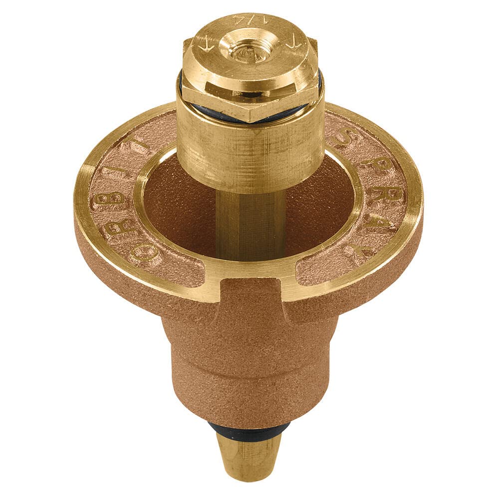 Orbit 54072 brass pop-up flush head with quarter-pattern spray for small lawns.