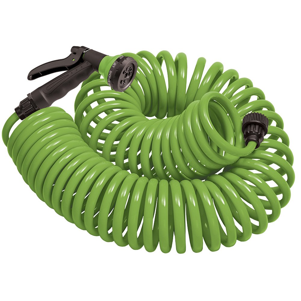 Orbit coil hose 50 ft coiled for compact storage, easy to stow after use.