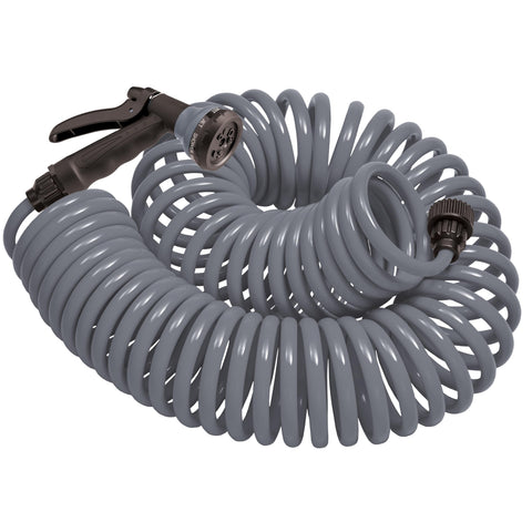 Orbit coil hose 50ft gray, delivering effortless reach for yard chores and neat storage.