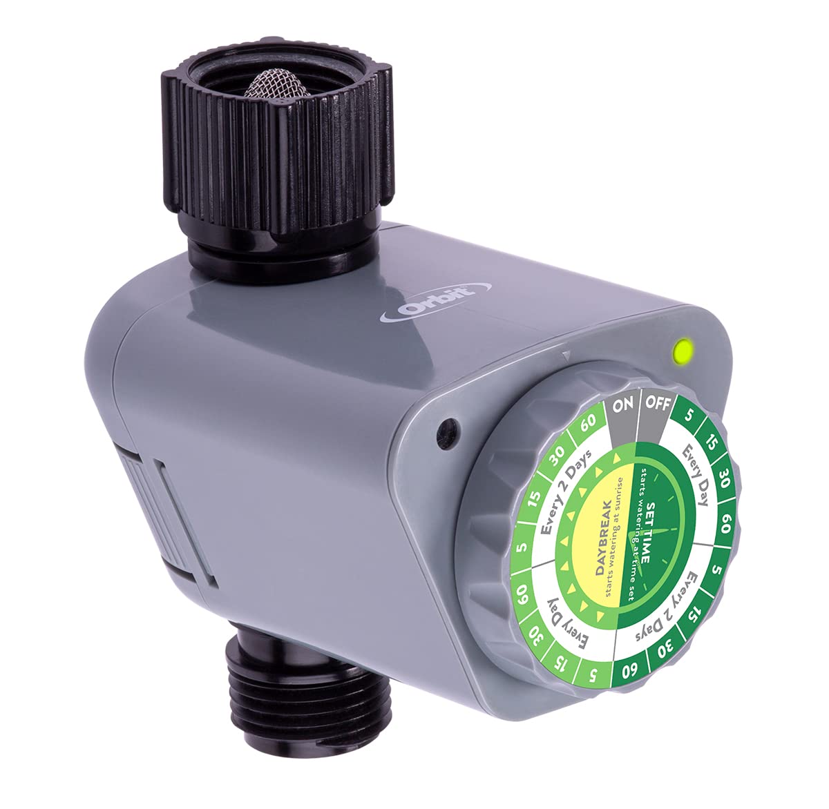 Orbit Daybreak timer front view with oversized dial enables easy watering control.