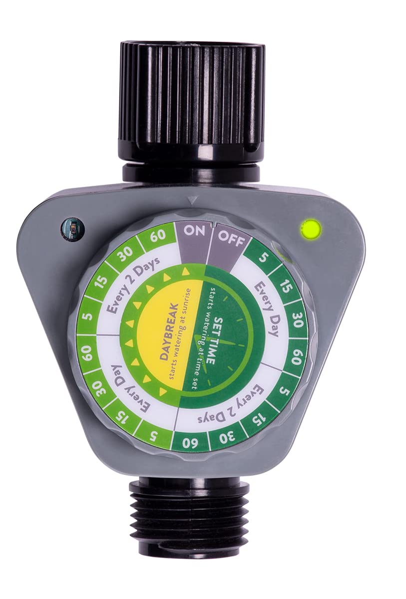 Orbit Daybreak timer side view highlights solar mode for sunrise watering.