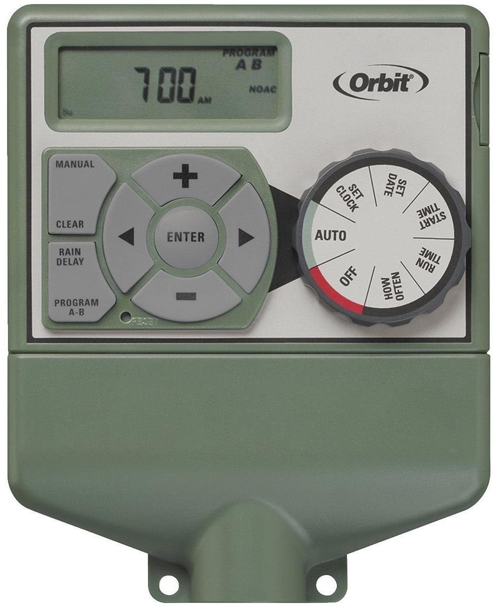 Orbit Easy Dial 6-Station Indoor Controller front view enables simple, reliable scheduling.