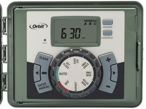Orbit Easy Set Logic timer swing panel open for quick wiring access.