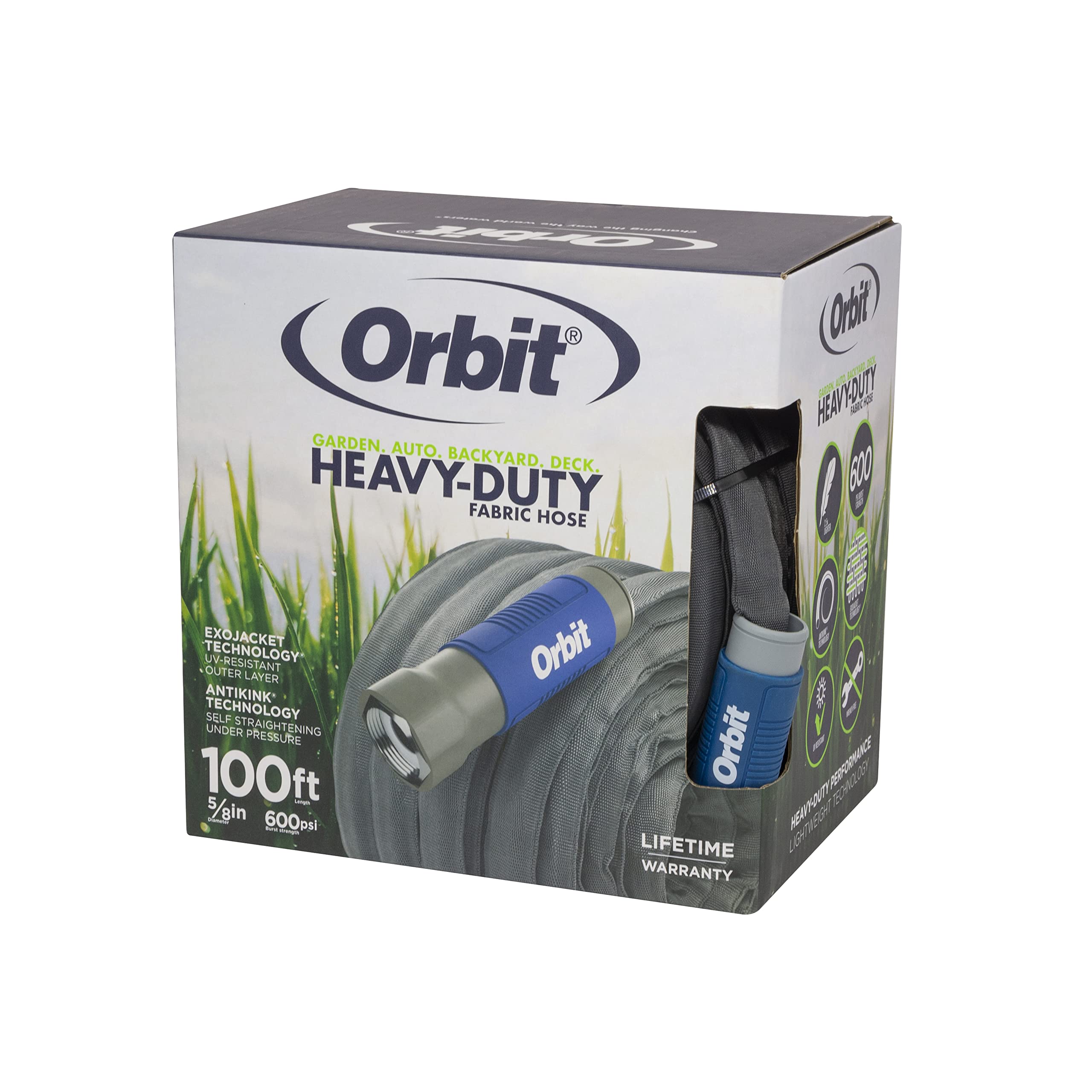 Orbit ExoJacket hose 100ft coil demonstrates effortless maneuverability and kink-free watering.