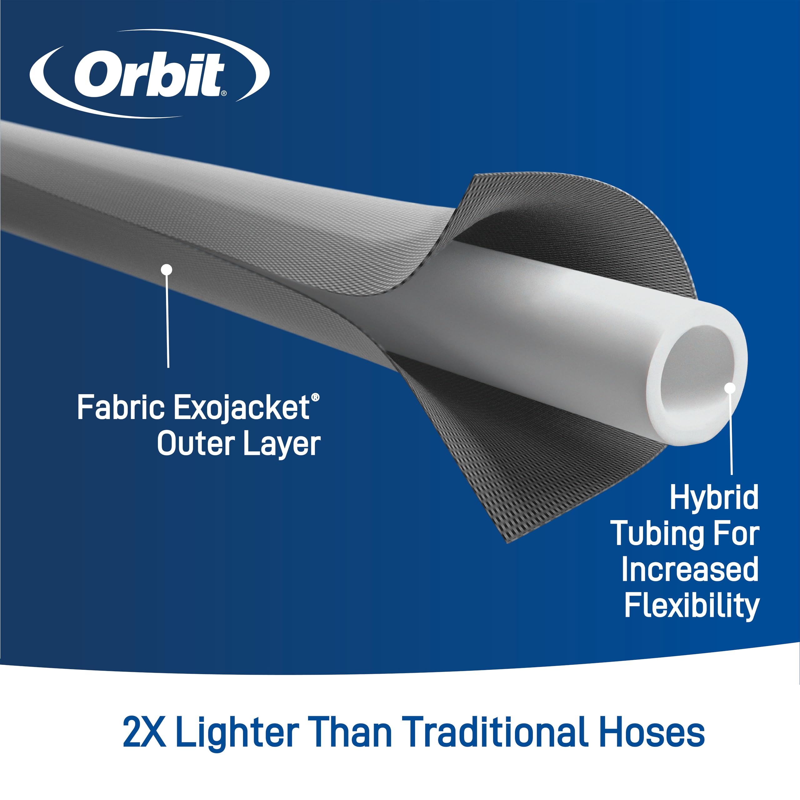 Orbit ExoJacket durable cover protects the hose against sun and abrasion.