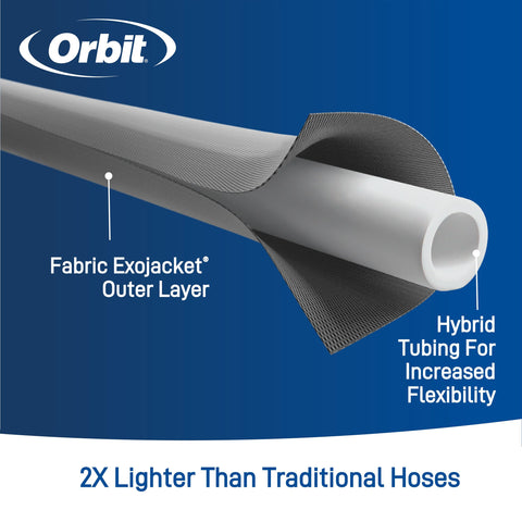 Orbit ExoJacket durable cover protects the hose against sun and abrasion.