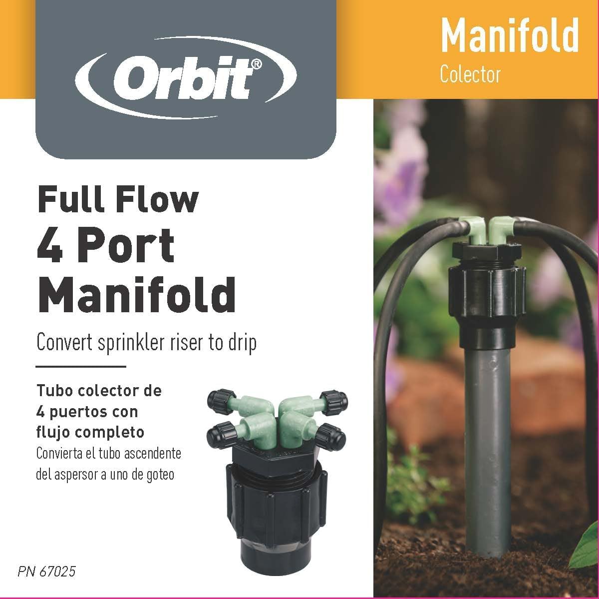 Orbit garden bed irrigation setup guiding multiple drip lines across beds