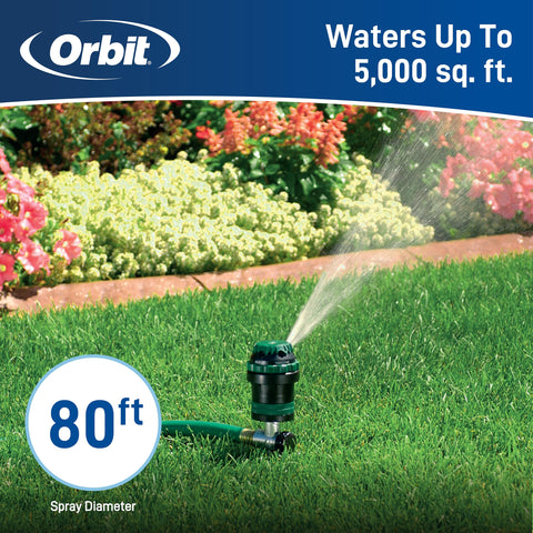 Orbit H2O-6 sprinkler with tripod base for stable placement on uneven ground