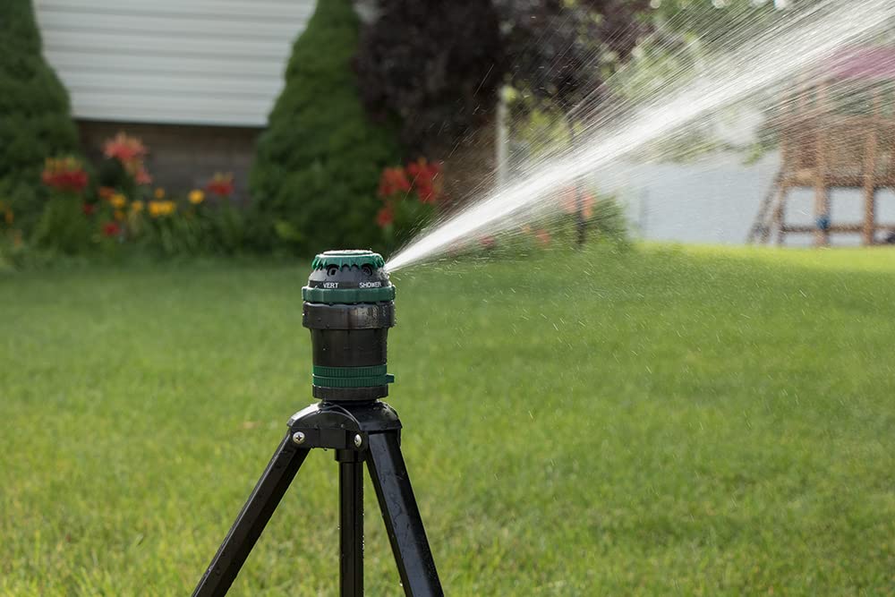 Orbit H2O-Six Gear Drive sprinkler with dial demonstrates expansive spray options for efficient watering.