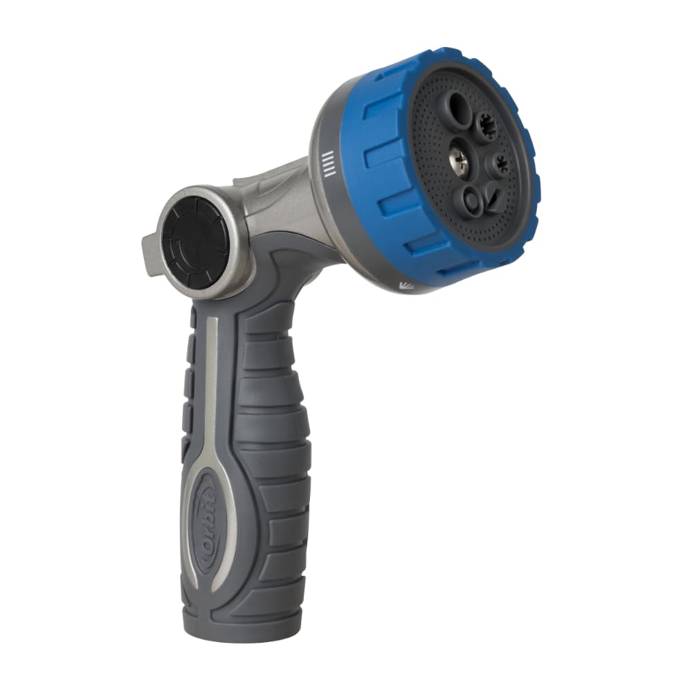 Orbit Heavy Duty 6-Pattern Nozzle front view highlights rugged metal body for secure grip.