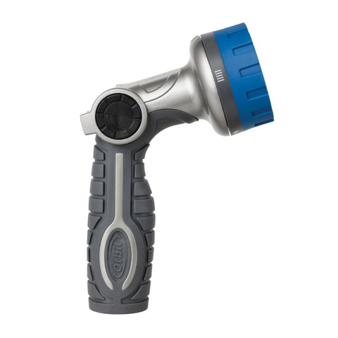 Orbit Heavy Duty 6-Pattern Nozzle rubberized grip improves handling when hoses are wet.