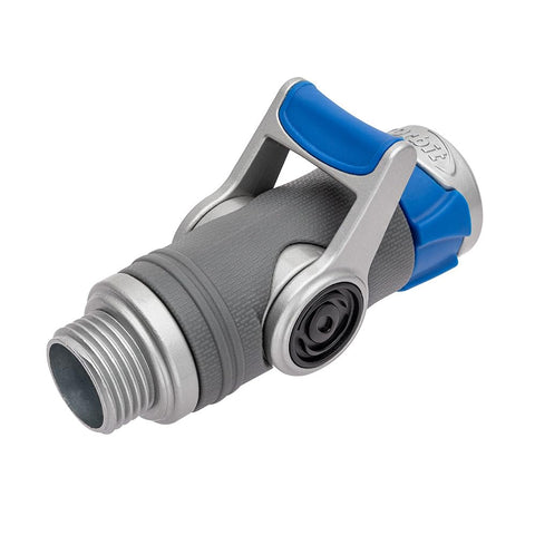 Orbit heavy-duty shut-off hose connector front view with ergonomic lever for quick flow control